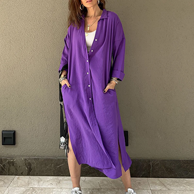 Spring Casual Solid Lazy Long Shirt Dress Women Single Breasted Split A spring-casual-solid-lazy-long-shirt-dress-women-single-breasted-split-a