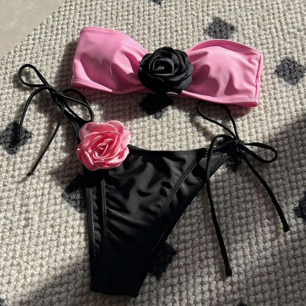 

Women Sexy Bikini Set Bandeau Bra Lace-up Briefs Set Rose Flower Decor Swimwear Beachwear Ladies Swimsuit Set Bathing Suit