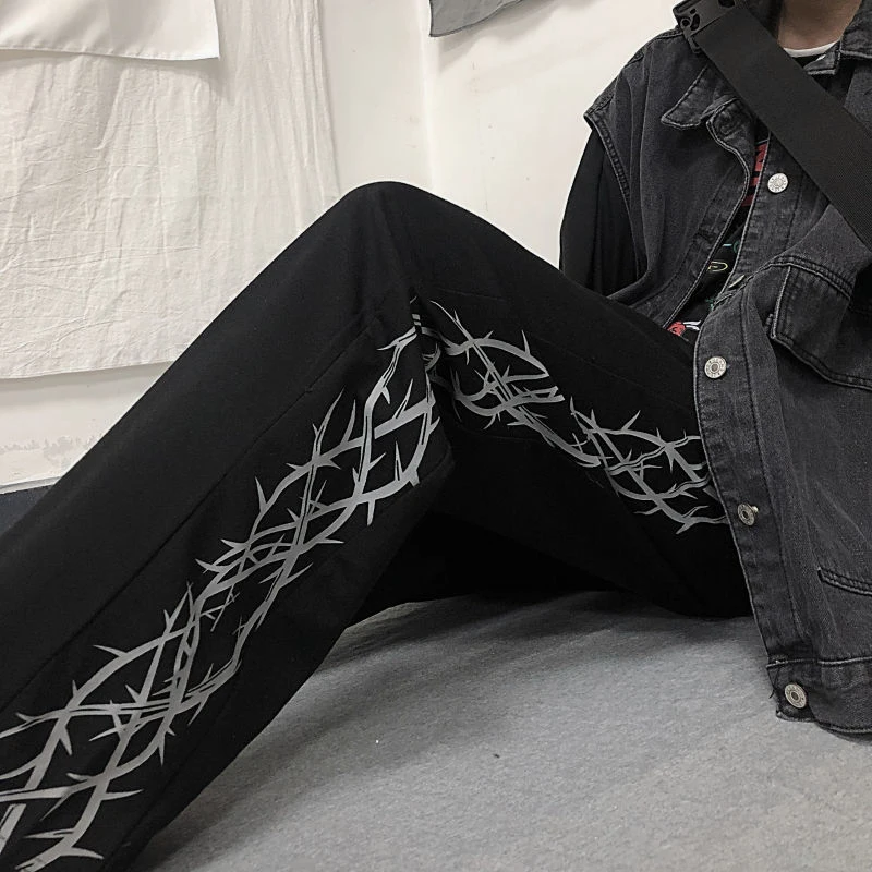 spring autumn male korean fashion vintage brambles printing straight pants hombre loose casual trousers men's trend sweatpants