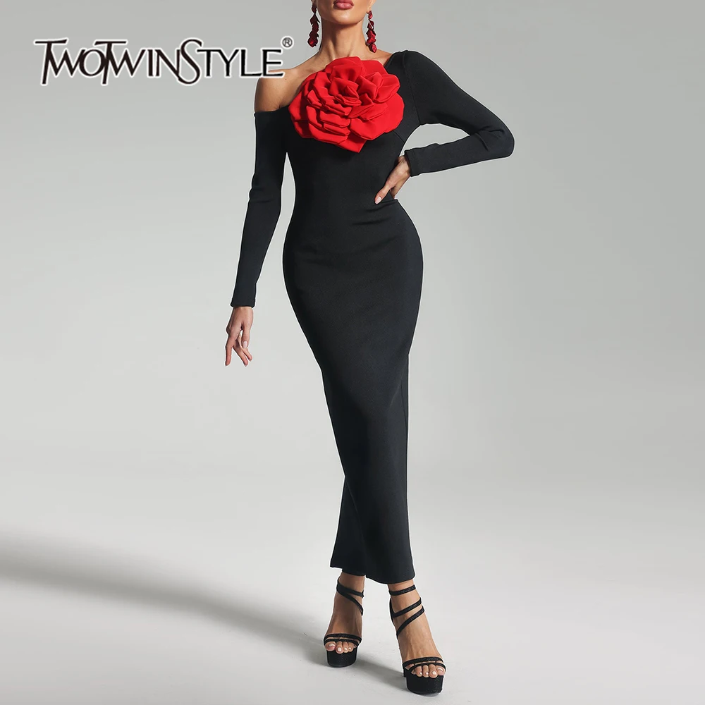 

TWOTWINSTYLE Colorblock Spliced Appliques Slimming Dresses For Women Slash Neck Long Sleeve High Waist Split Chic Dress Female