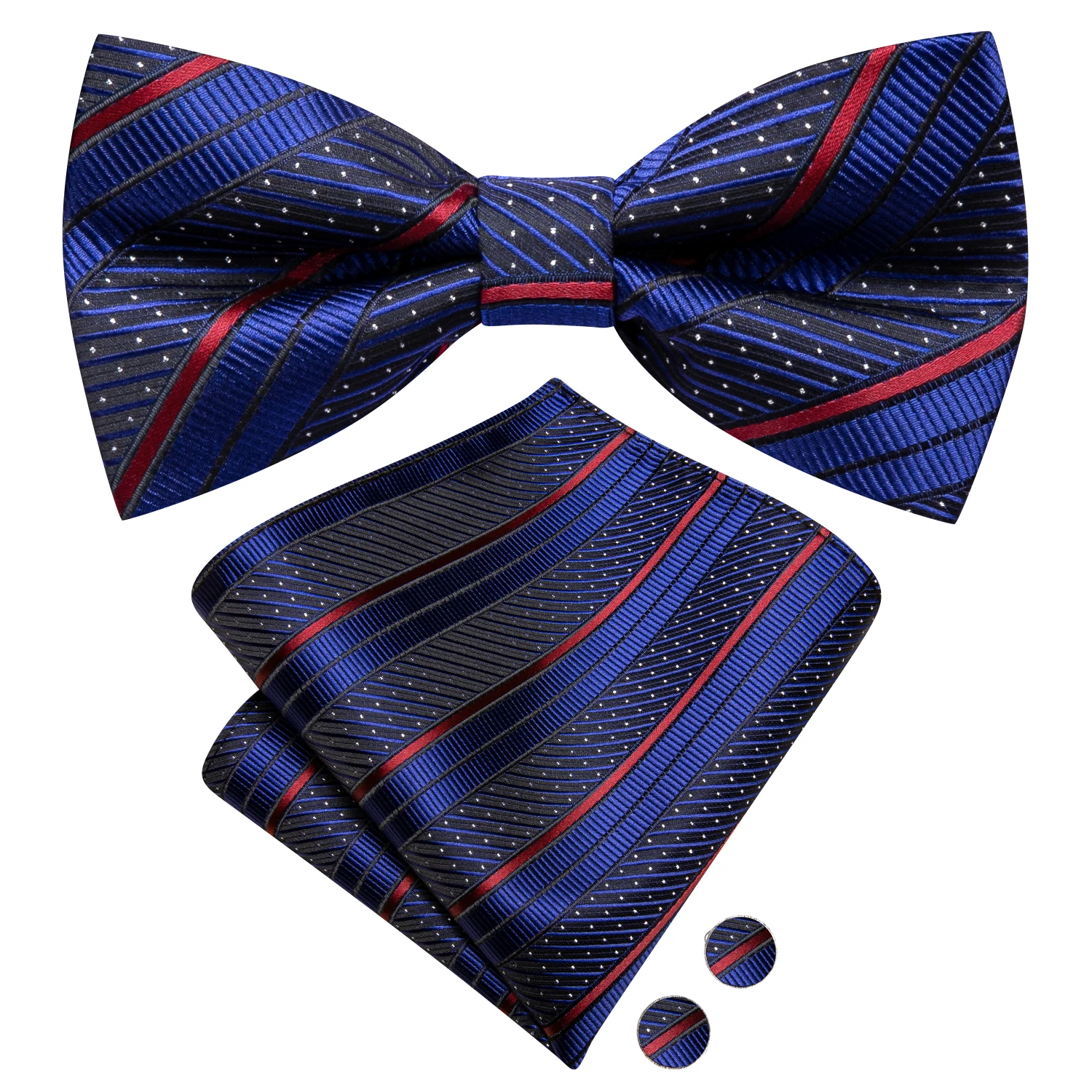 

Hi-Tie Striped Navy Blue Men Bow Tie Hankerchief Cufflink Pre-tied Silk Butterfly Knot Bowtie for Male Business Party Wholesale