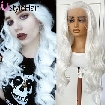 UStyle White Wig Long Body Wave Synthetic Wig Natural Hairline Lace Front Wig for Women Daily Wear Cosplay Wigs Heat Resistant