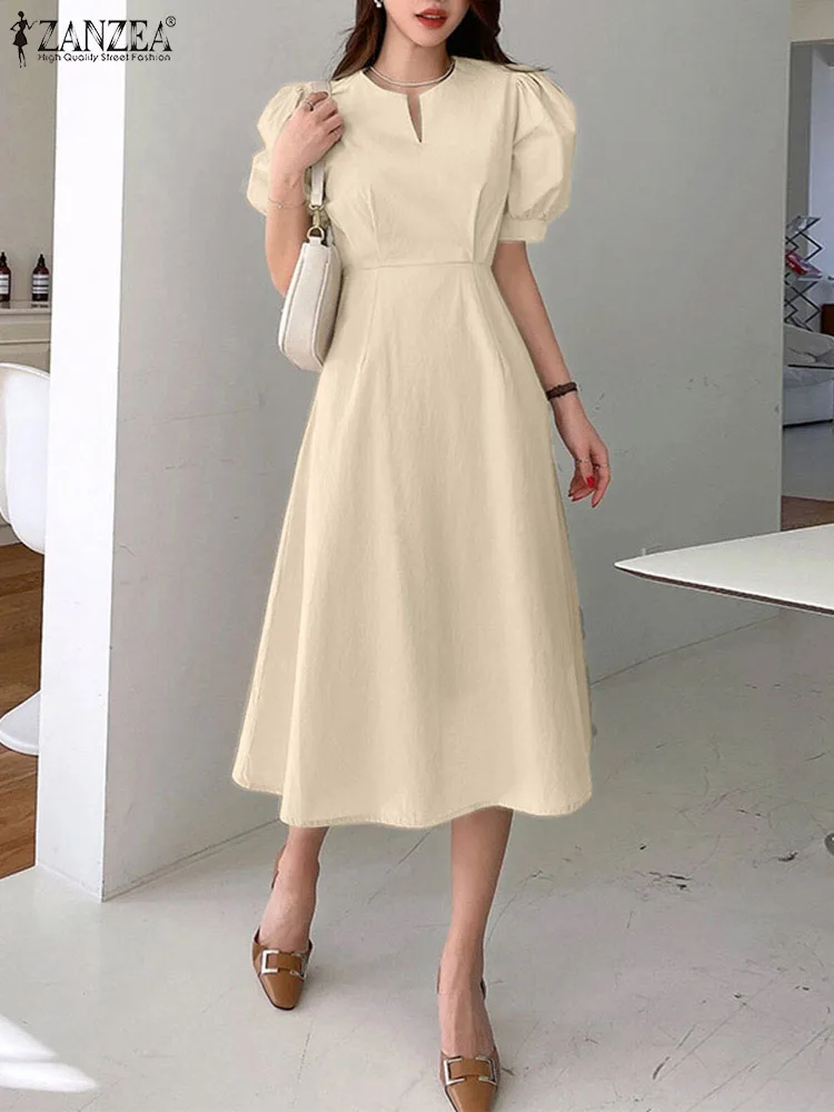 

ZANZEA Elegant Cinched Waist Robes Fashion Office Wear Korean Style Solid Color Party Dresses Women Short Puff Sleeve Midi Dress