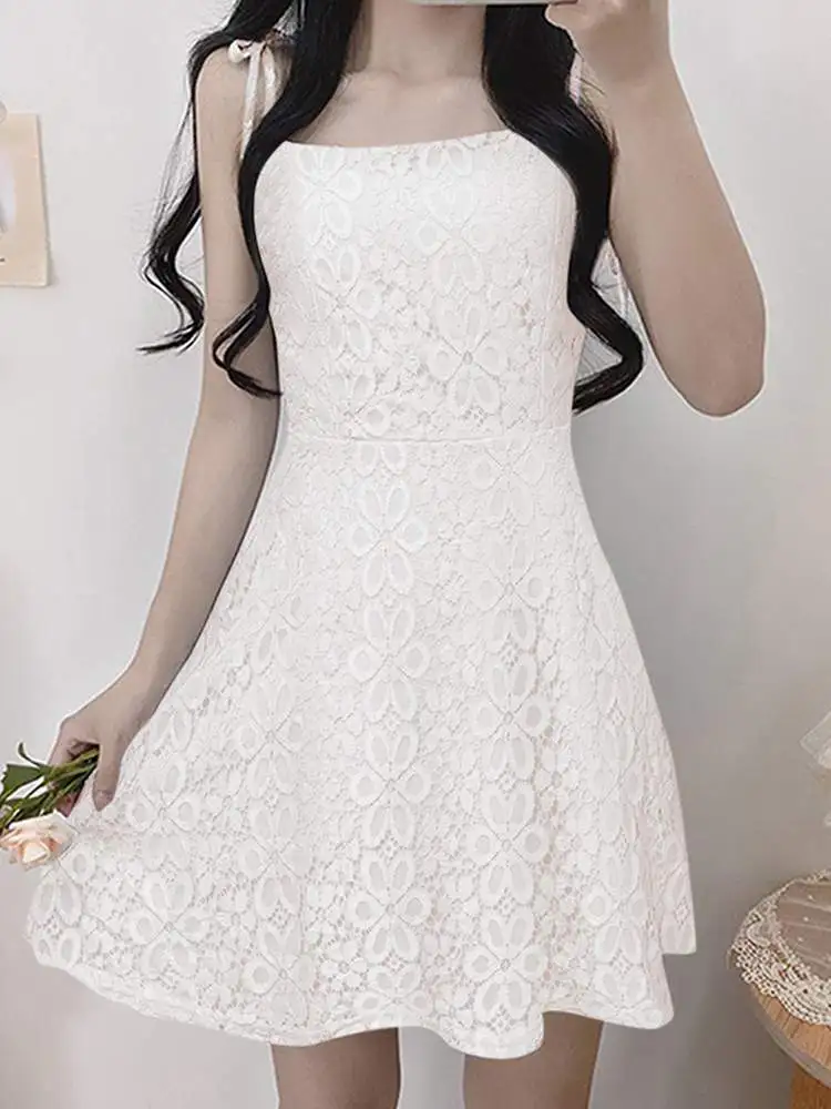 

ZANZEA Sexy Hollow Out Strappy Dress Fashion Women Lace Mini Dress with Lining Summer Sleeveless A-line Vestidos Casual Sundress