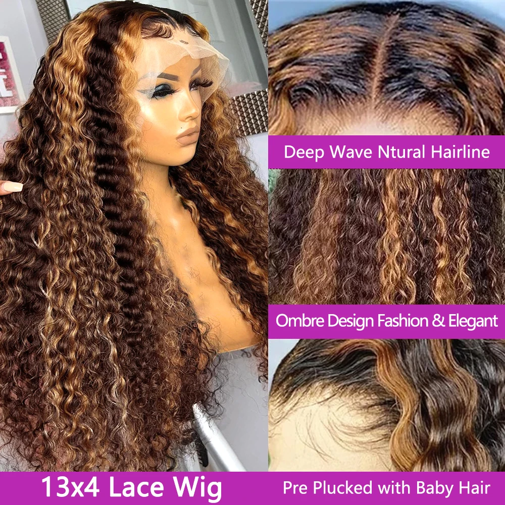 30 Inch 250 Dichtheid Highlight Honing Bruin Krullend Kant Voorkant Menselijk Haar Pruiken 13X6 13X4 Ombre Gekleurde Diepe Golf Lace Frontale Pruik