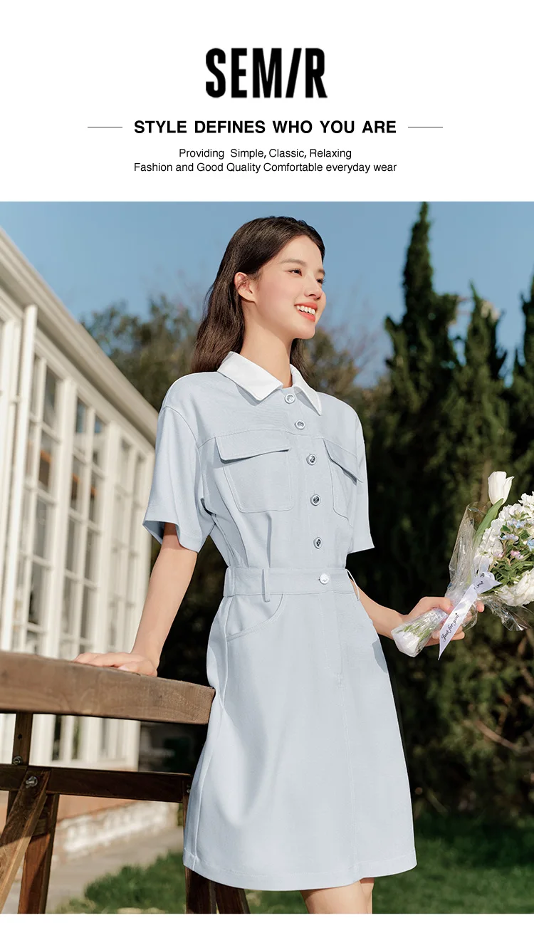 Dress Women Turn-Down Collar Stylish And Chic Summer New Simple And Sweet Waist-Cinching Short Skirt