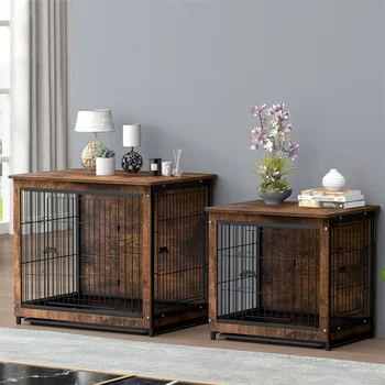 Large Elevated Dog Crate Wooden Dog Kennel Cage Pet House End Table with Double Door and Removable Tray Rustic Furniture Indoor 3