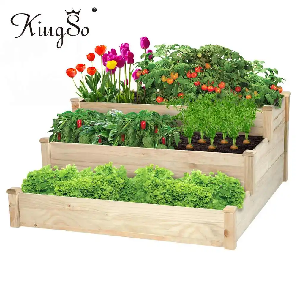 KINGSO 3 Tier Wooden Outdoor Garden Planter Box 