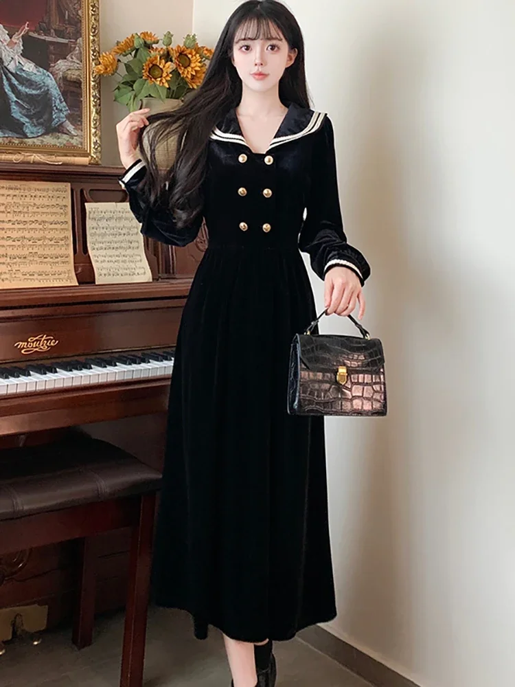 

Female Luxury Velvet Bespoke Occasion Dresses Autumn Winter Elegant Chic Sailor Collar Long Dress 2023 Korean Vintage Prom Dress