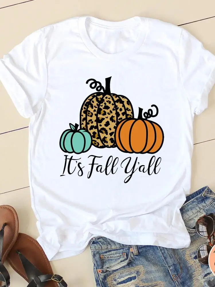

Леопардовая Женская одежда в стиле тыквы, осень, Хэллоуин, День благодарения, женская футболка с графическим принтом, женские футболки