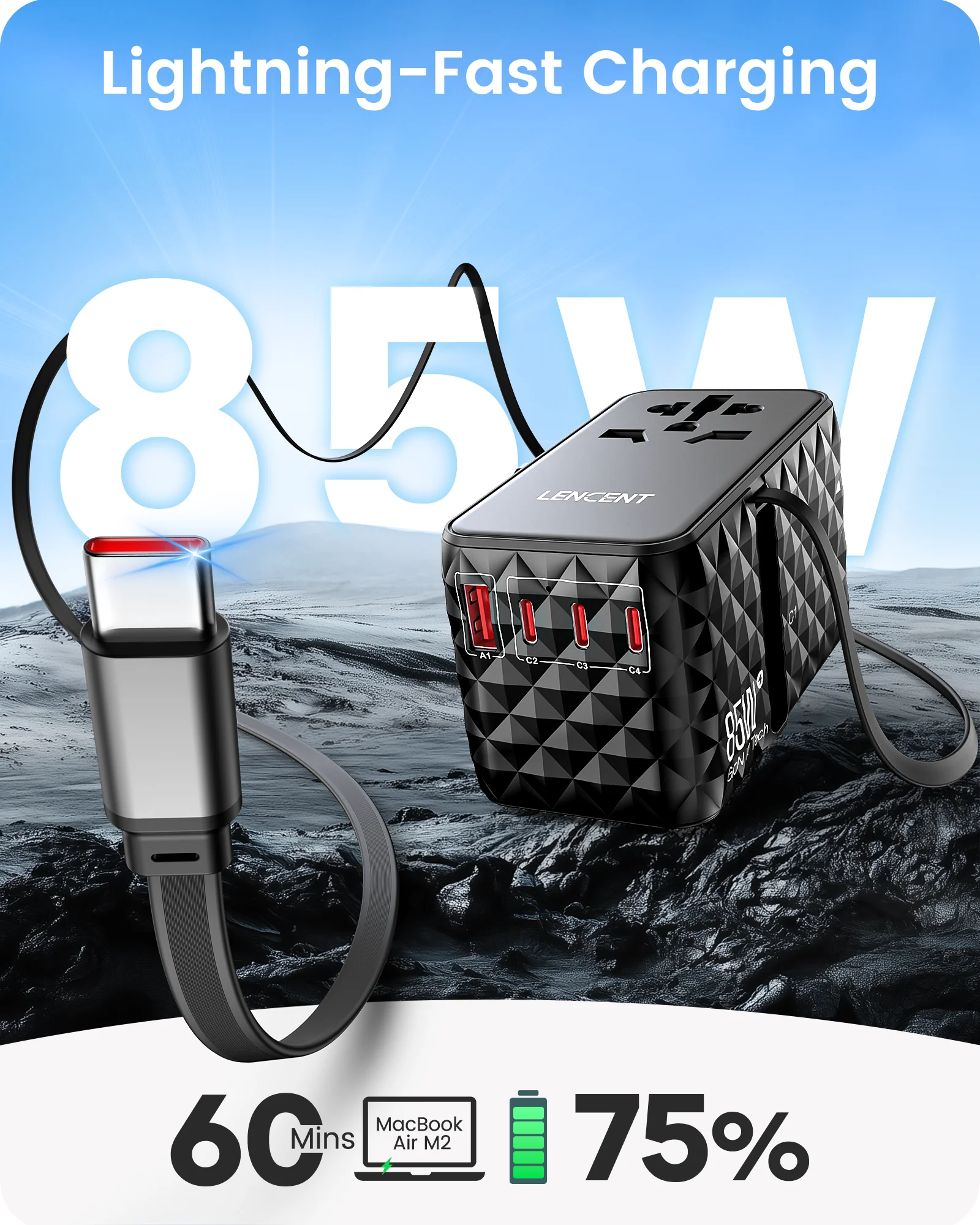 85W GaN Universal Travel Adapter 1USB-A +3 Type C +1USB-C +1Retractable USB-C Fast Charging plug adapter power plug adapter plug converter gan power adapter