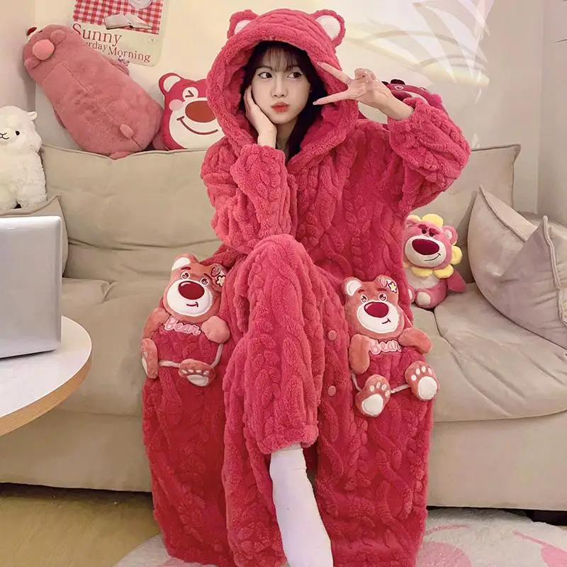 

Sanrio Pachacco Strawberry Bear Coral Velvet Pajamas Winter Thickening Plush Sleepwear Mid Length Version Household Clothes Gift