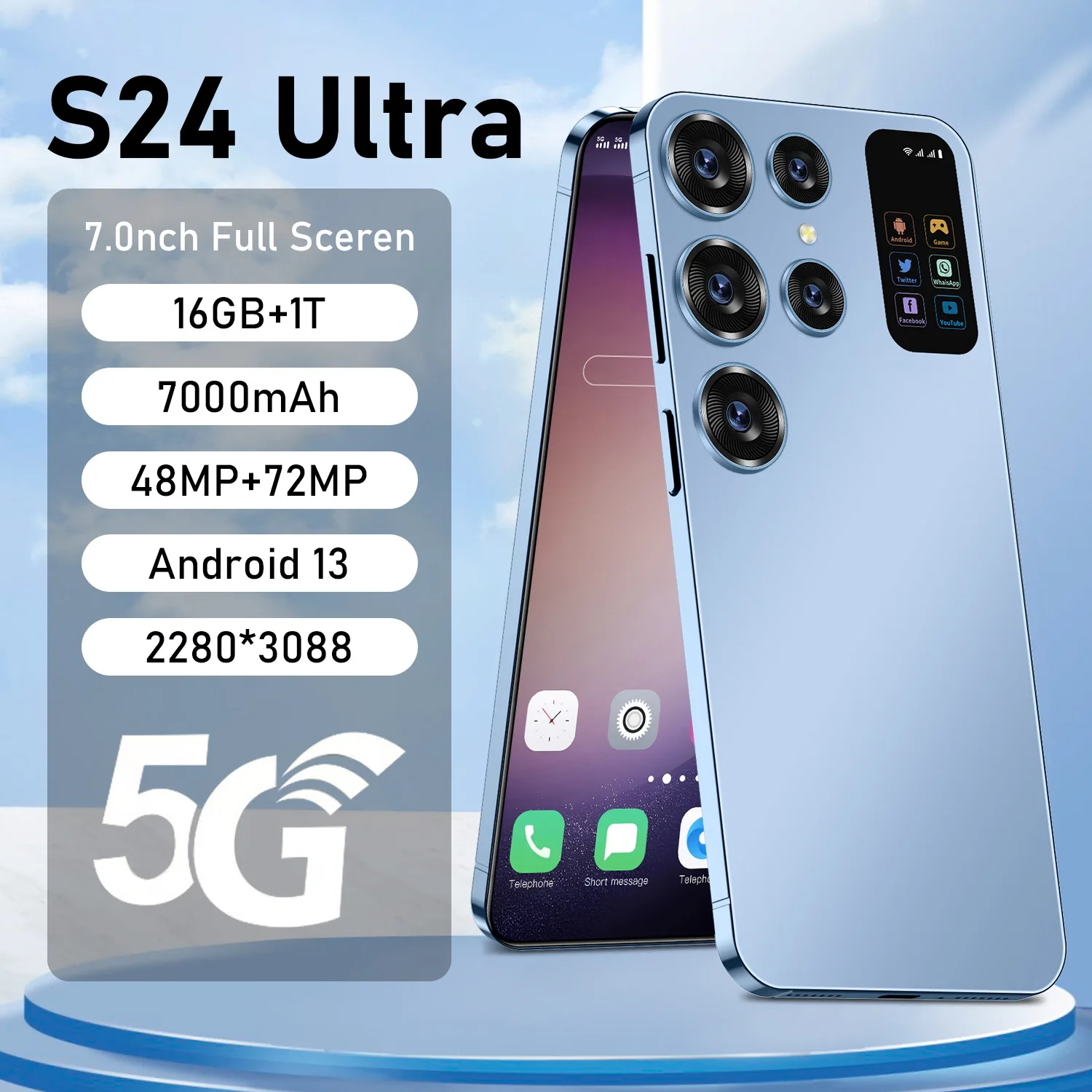 S24 울트라 스마트폰, 7.0 인치 대형 화면, 듀얼 SIM 듀얼 대기, 지지대 외장 SD 카드, 12GB, 16GB, 512GB, 1TB