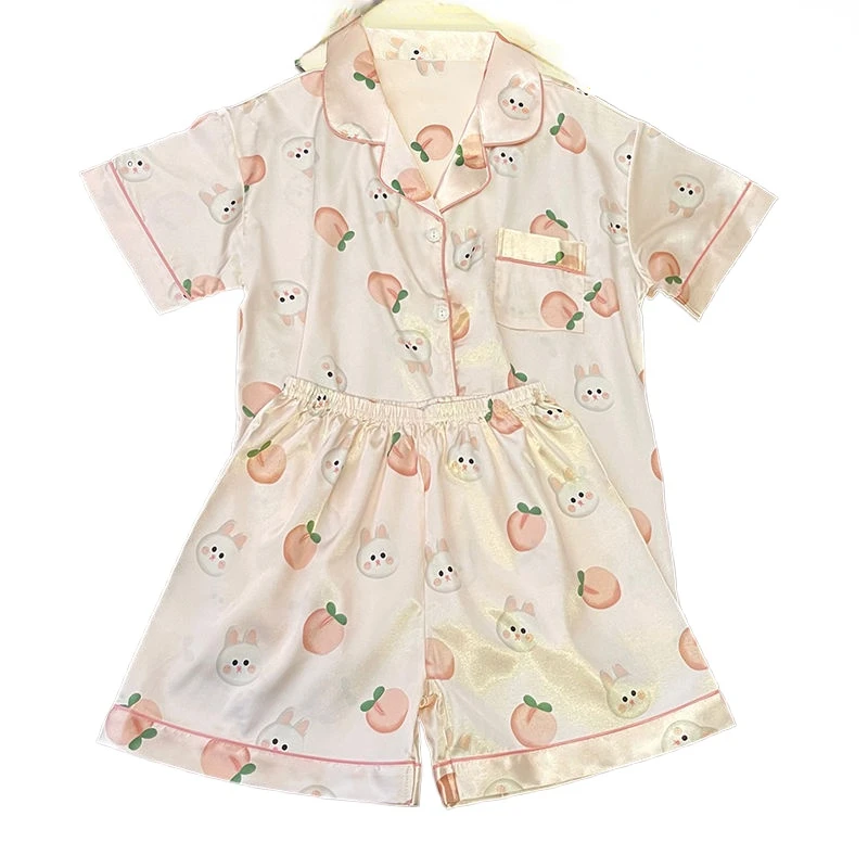 Summer Print Silk Sleepwear Women Short Sleeve Cardigan Shorts Pajama Sets Kawaii Loungewear Nightwear Pijama Mujer New