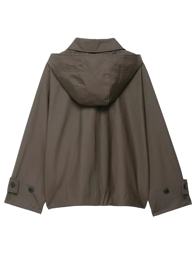 HH 2025 Autumn Women Casual Loose Overcoat Jacket Long Sleeve Hooded Trench Coat Female Fashion Streetwear Chic Jackets