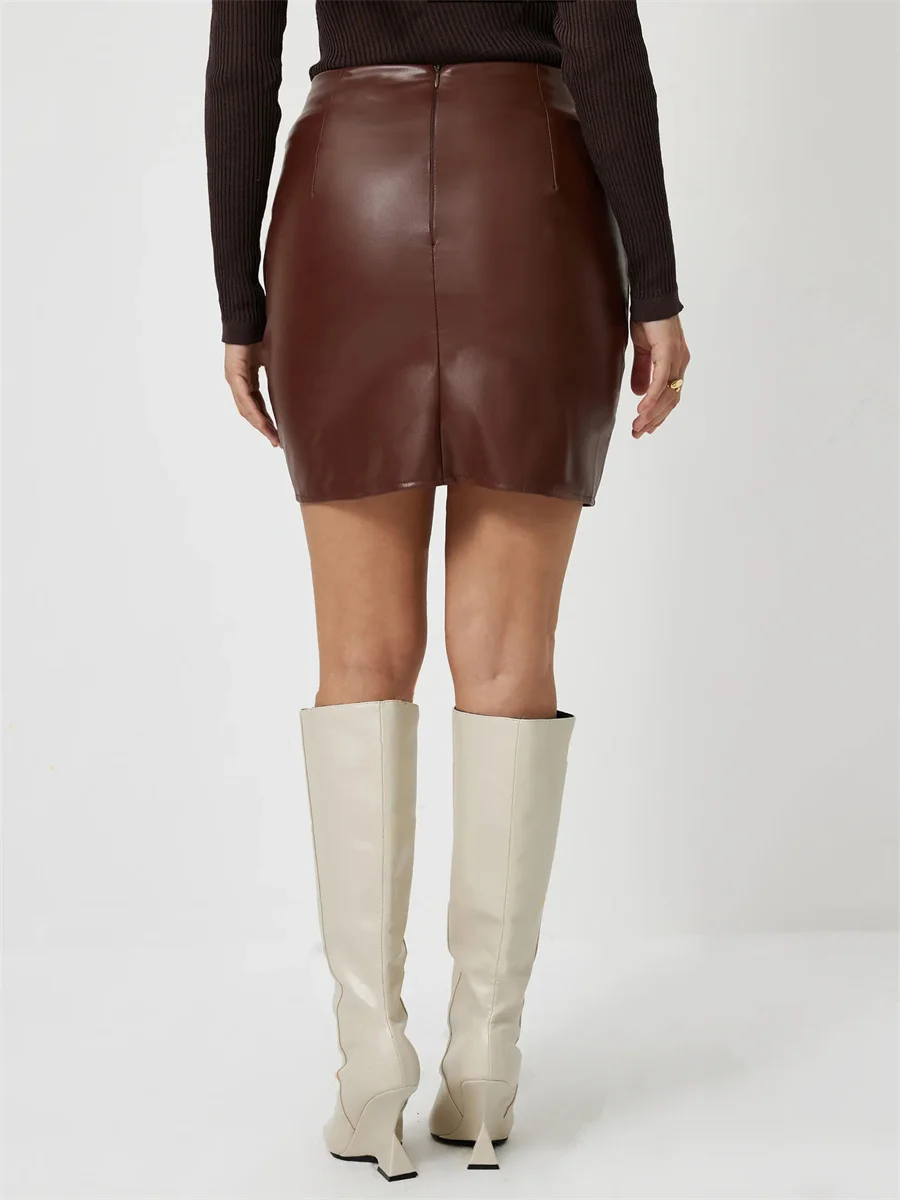 Benuynffy Fashion PU Leather Skirt Women's Autumn and Winter Elegant High Waist Zipper Back Ruched Bodycon Mini Skirts 2024 New 3