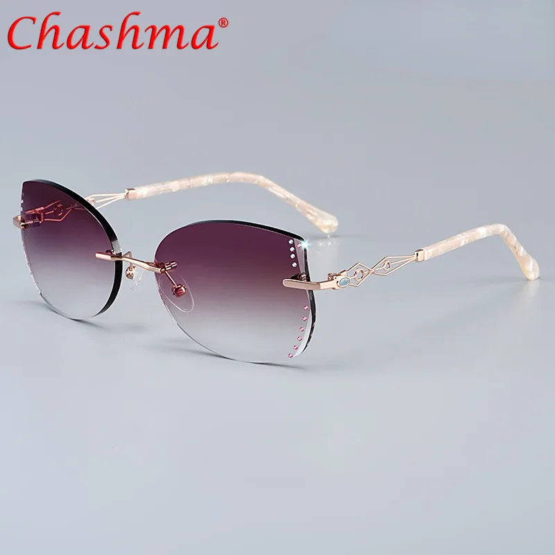 

Women Rimless Eyeglasses Cat Eye Sunglasses Tint Crystal Titanium Glasses Frame Prescription Spectacles Customize Lenses
