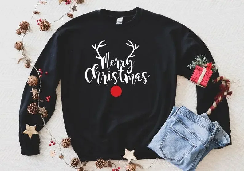 Christmas Deer Sweatshirt for Family, Medium Stretch Natural Fiber 100% Cotton Holiday Gift