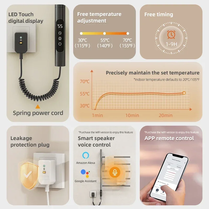 Electric Towel Rack Electric Heated Towel Rail Digital Display Temperature Control Timing Rotatable Smart Bathroom Thermal Towel Warmers G63