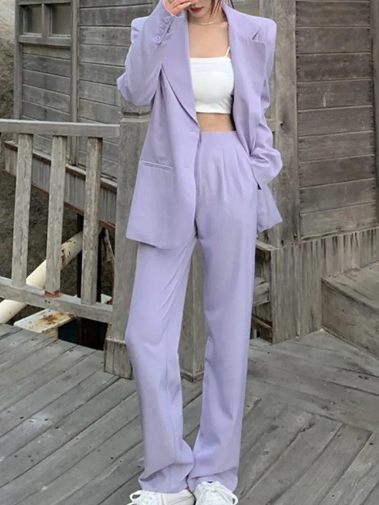 Spring Summer Women Blazer Pantsuit Long Sleeve Jacket Pants Two Piece Set Female Fashion Business Casual Purple Trousers Suit