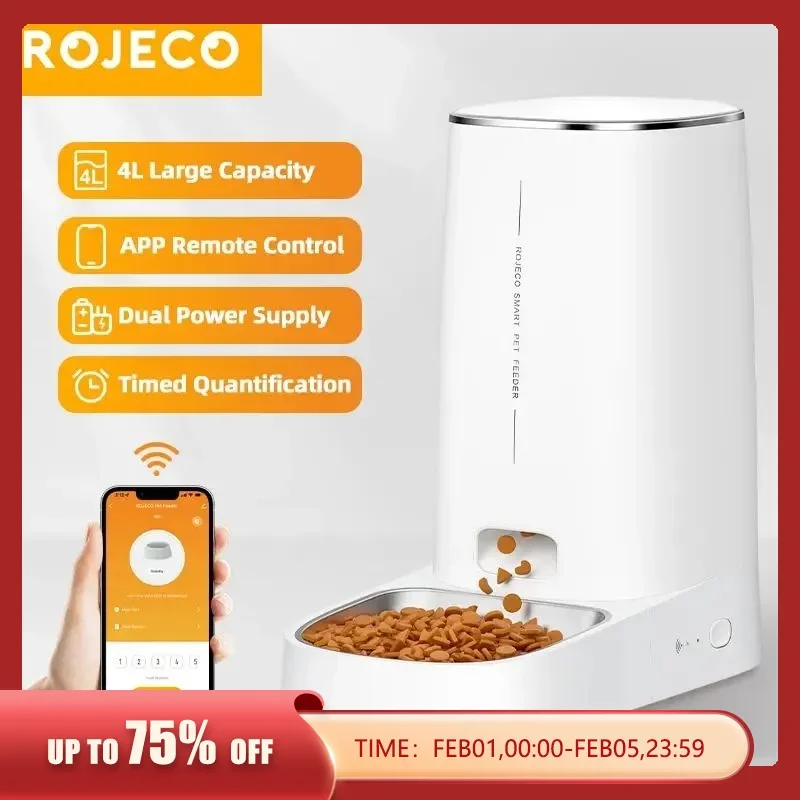 

ROJECO Automatic Cat Feeder Pet Smart Cat Food Kibble Dispenser Remote Control WiFi Button Auto Feeder For Cats Dog Accessories