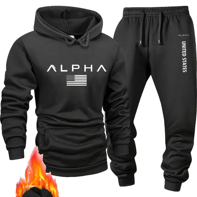 Men casual sportswear set  Fashionable American-style letter printed fleece pullover and fitted sweatpants set highly versatile 1