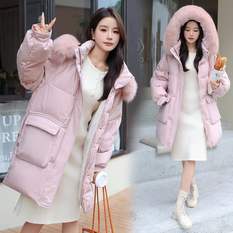 

2023 New casual and versatile down jacket for women's high-end women's fashion new mid length white duck down jacket