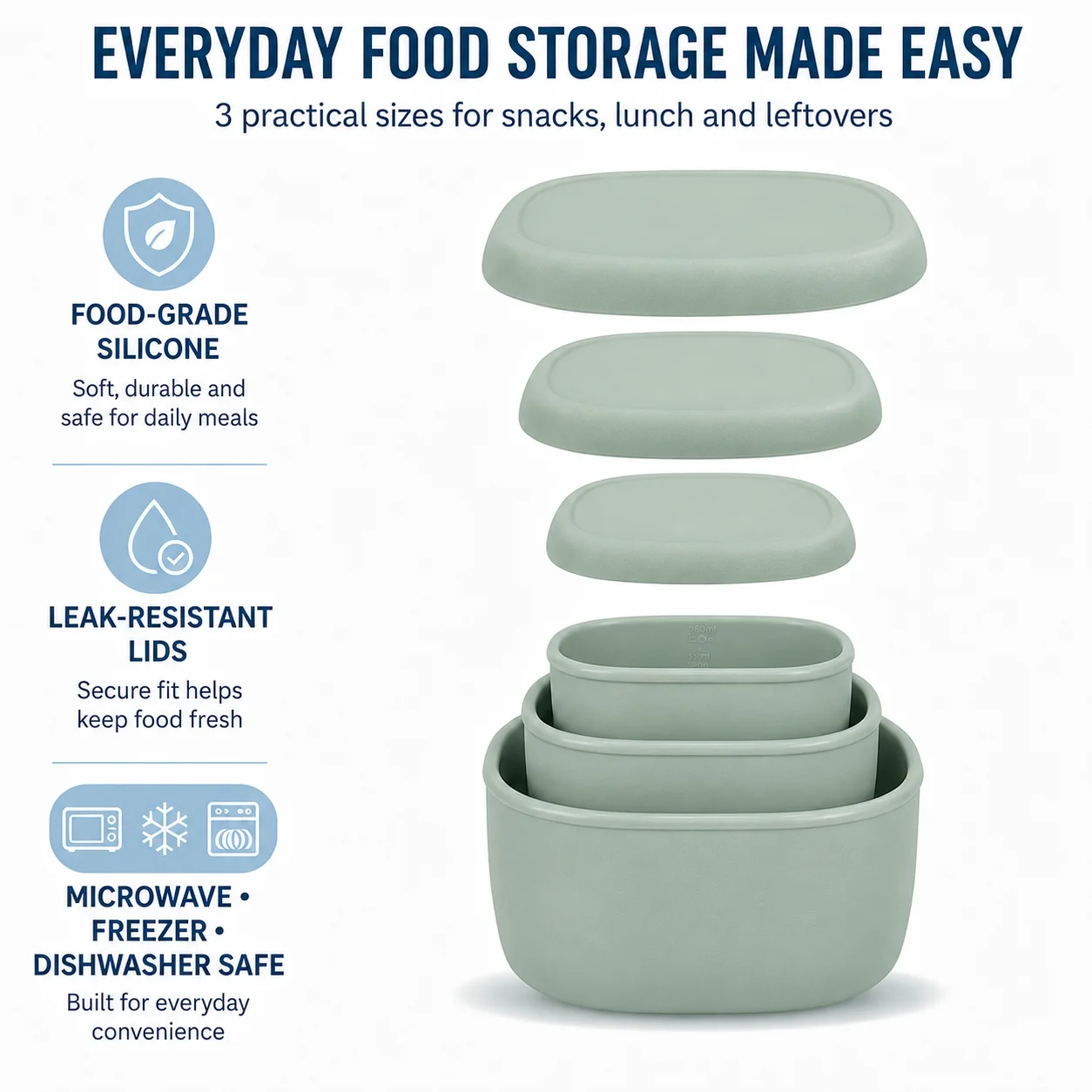 Set of 3 Reusable Silicone Bento Box Containers with Lids - Dishwasher & Microwave Safe for Food Storage and Lunch Prep