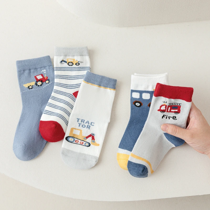 5Pairs/lot  Kids Socks Spring Autumn Cartoon Car Children Mid-calf Socks Boys Cotton Sport Socks Winter Breathable Student Socks