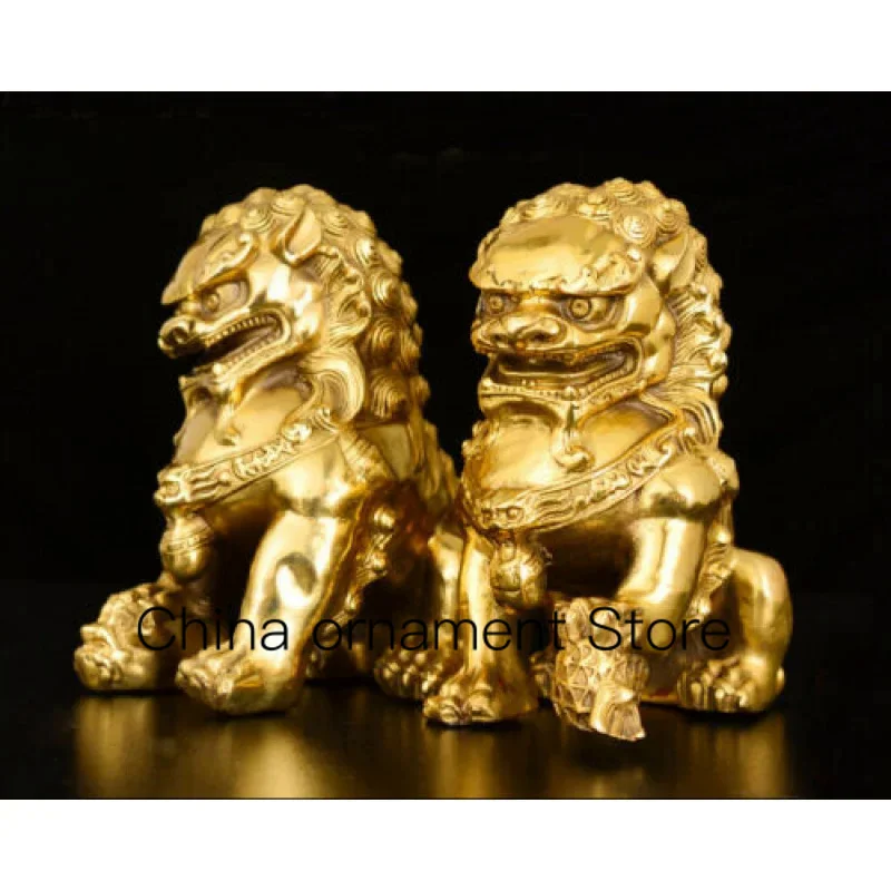 Bronzo Antico Fu Foo Dog Lion Statue China Ancient Guard Lion Pair 15Cm