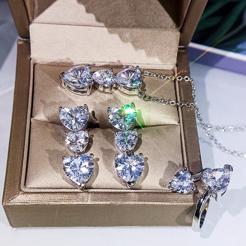 

New Silver Color Jewelry Set Shine Heart Zircon Ring Necklace Earring Set For Women Bride Engagement Wedding Jewelry Wholesale