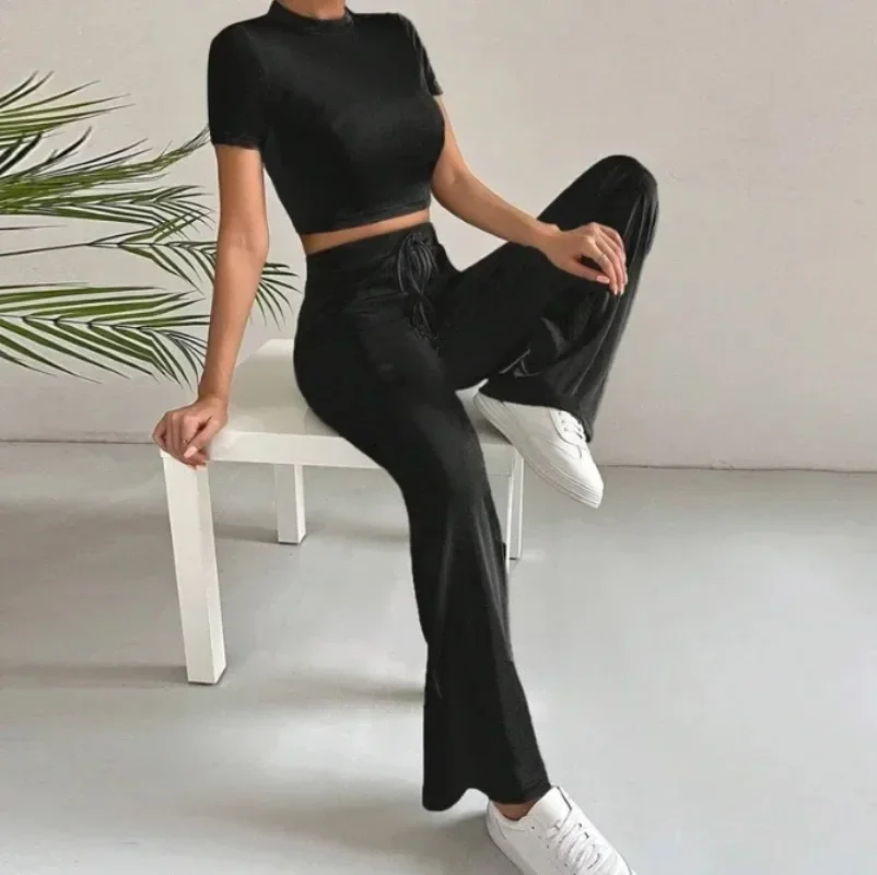 Two Piece Set for Woman Elegant Autumn New Fashion Fit Knitted Short Sleeves Top and High Waist Casual Wide Leg Pants Set YSQ34