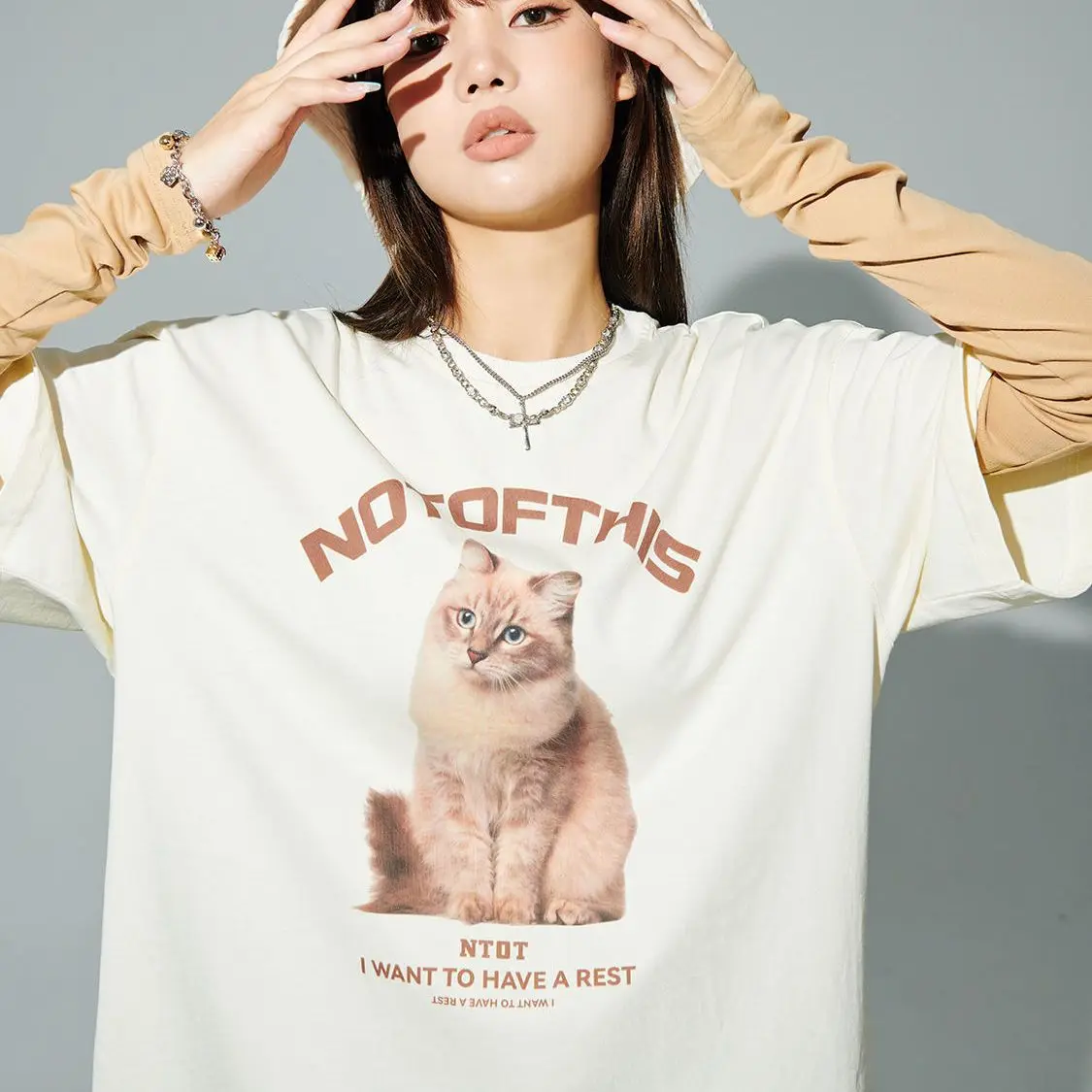 

Cotton Korean style cute cat letter printed T shirt Harajuku American retro y2k street fashion brand round neck half sleeved top