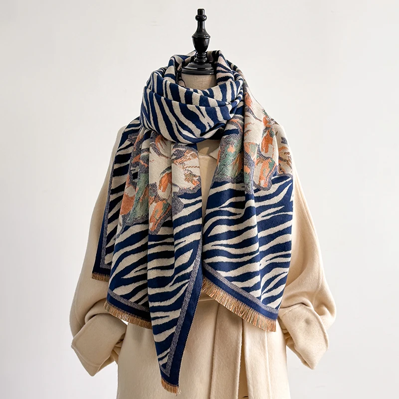 2025 Women's Luxury Cashmere Winter Shawl - Zebra Print with Tassels Pashmina Bandana Wrap