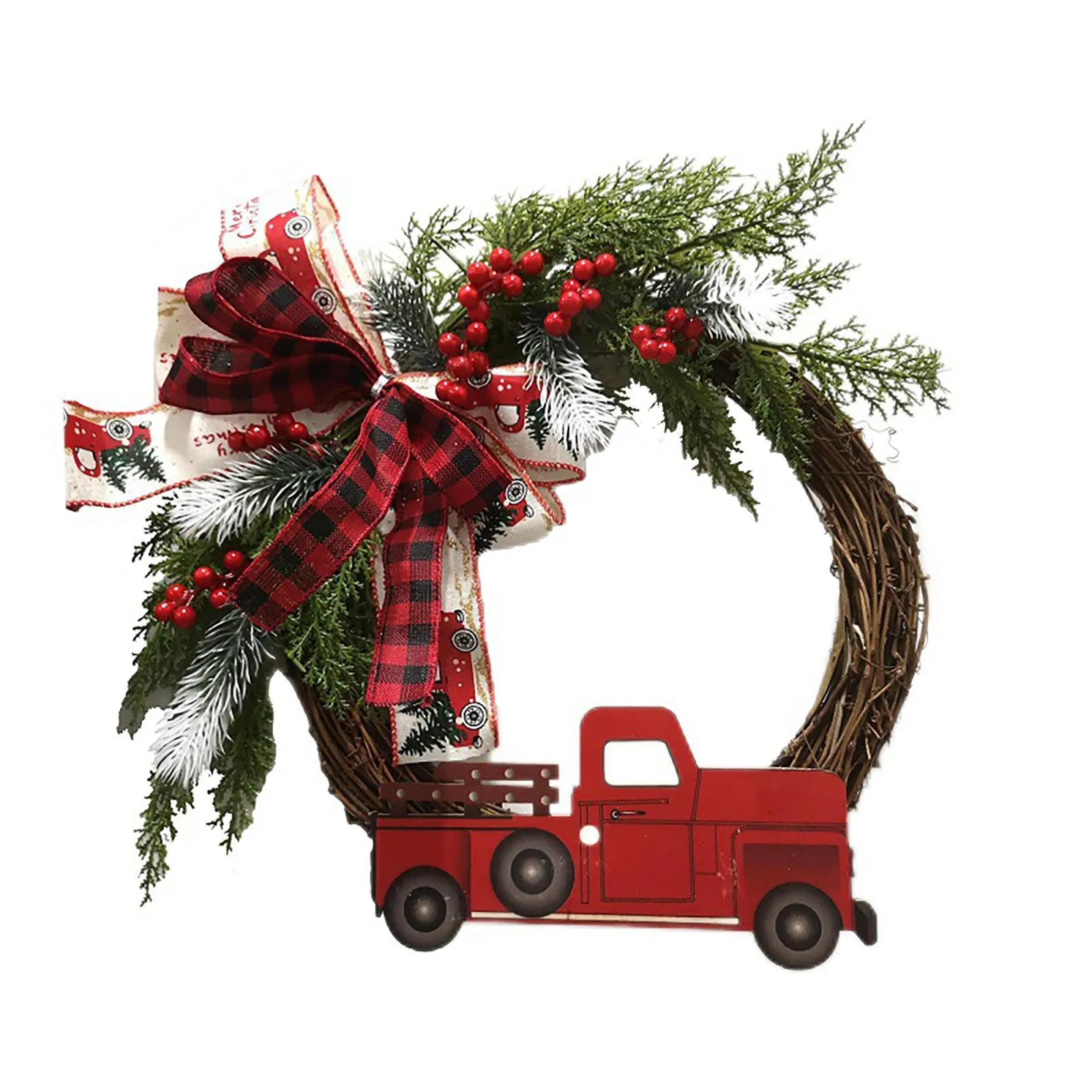 

Red Truck Christmas Wreath Colorful Ribbon Artificial Cherry Garland Farmhouse Wreaths For Front Door Home Wall Christmas Decor