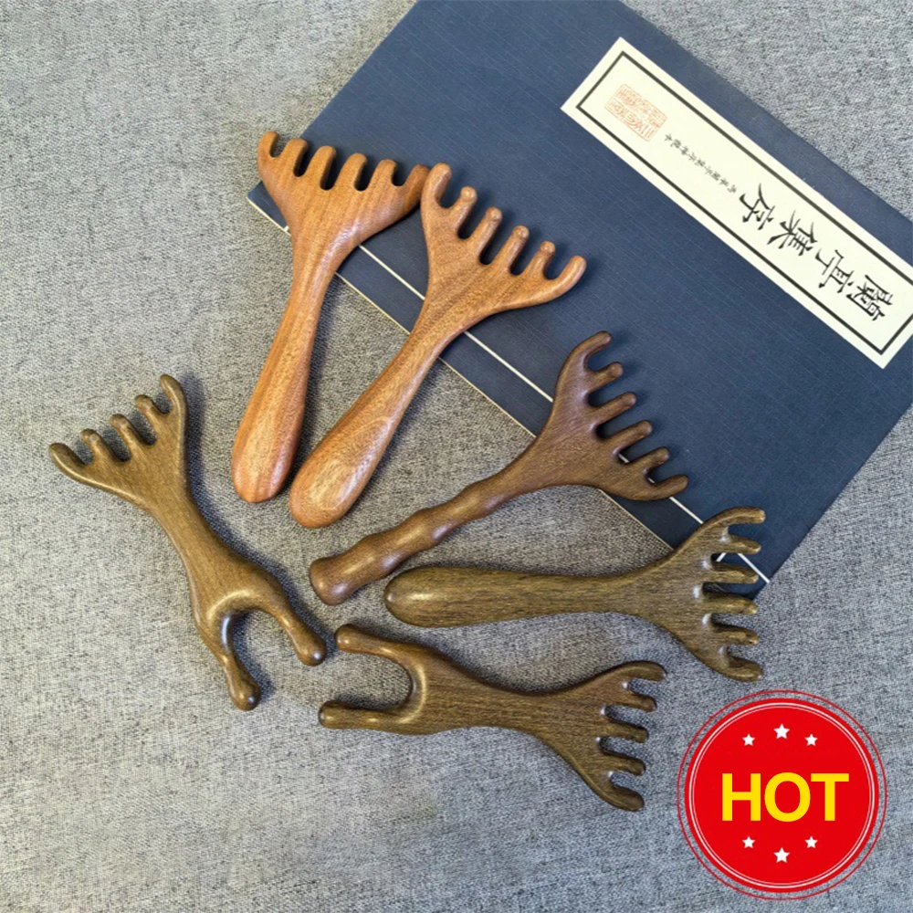 Wooden Meridian Massage Comb Anti-static 6-Claw Head Massager Promote Blood Circulation Body Gua Sha Tool Head Massage Brush
