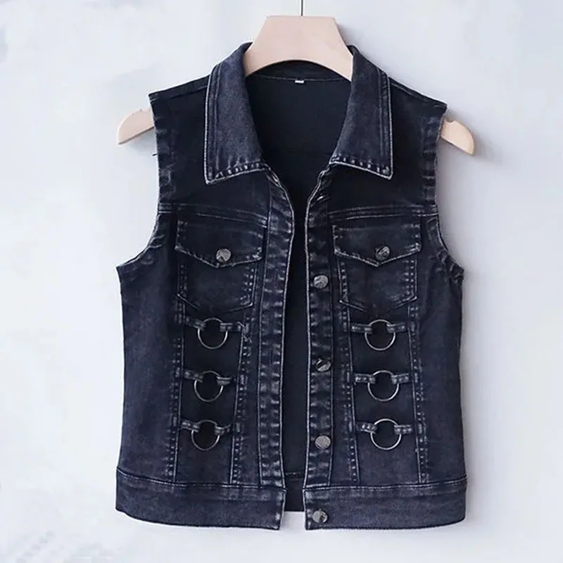 

Модный Фиолетовый Черный джинсовый жилет, джинсовая куртка, Новинка весна-осень 2023, корейский джинсовый жилет без рукавов, джинсовое пальто, Женский Топ