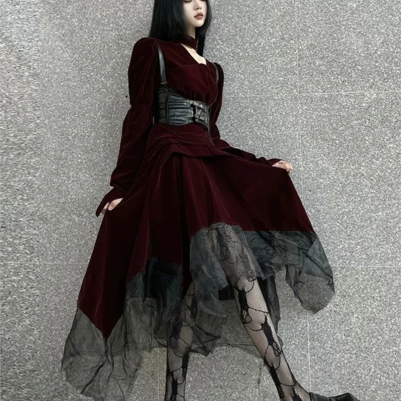 

Dark Retro Dress Gothic Style Mesh Velvet Patchwork Skirt