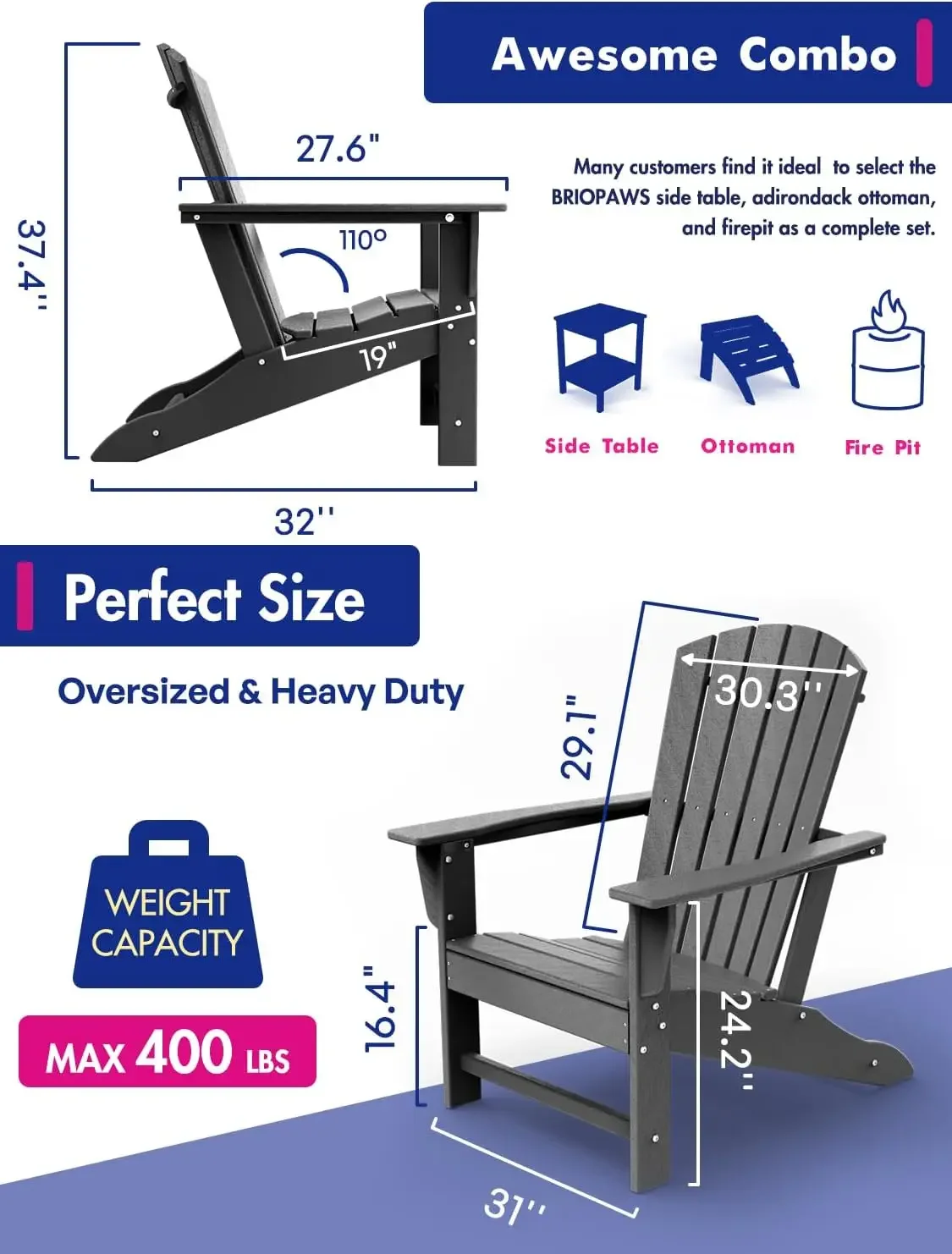 Adirondack-Chairs-Set of 2 | Fire Pit Chair | Oversized , HDPE Plastic , Weather Resistant , Grey