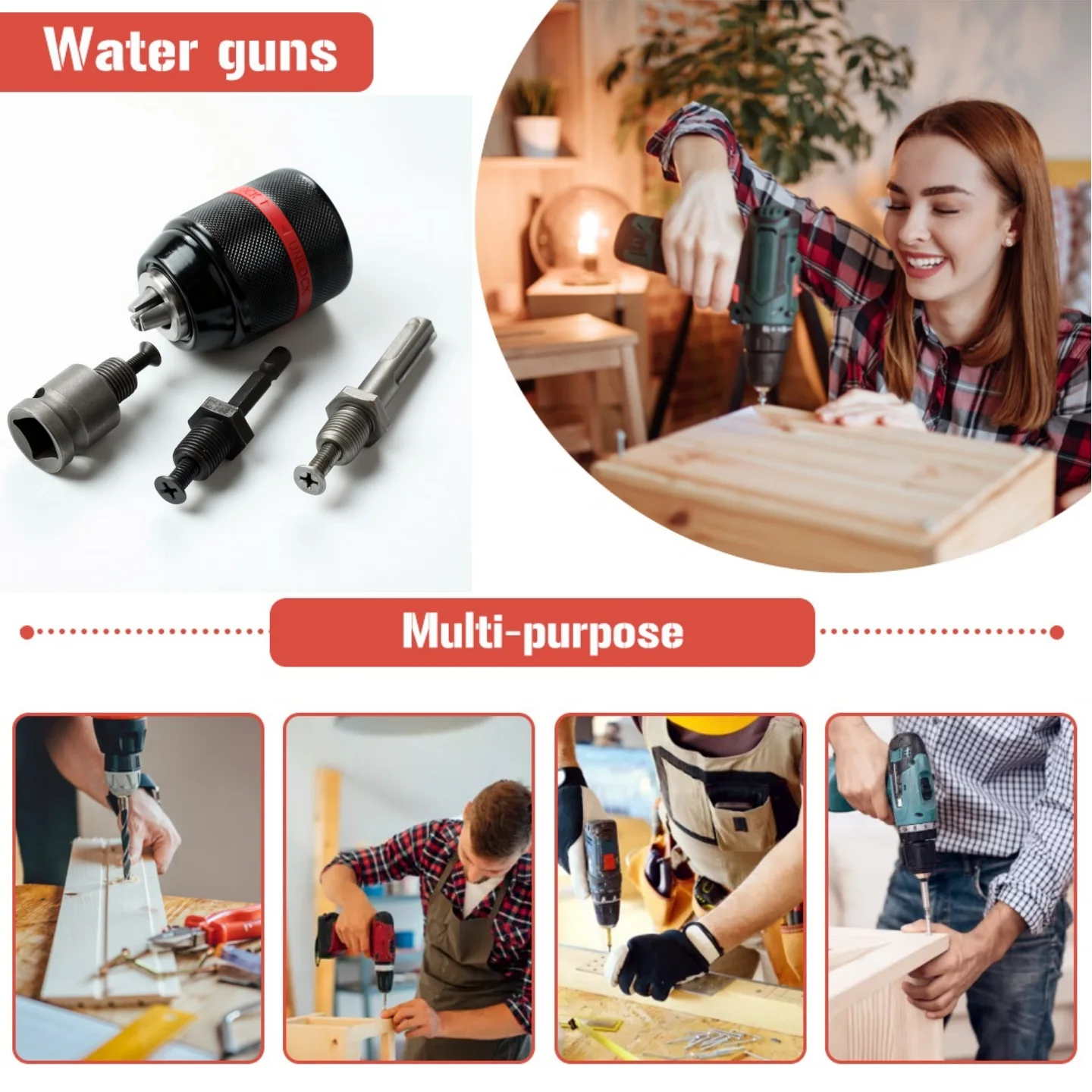 Drill chuck adapter Keyless drill chuck Drill adapter Drill chuck 2-13mm Metal HeavyDuty 1/2-20UNF 13mm Keyless Drill Chuck Hex Shank/SDS/Socket Square Female Adaptor Hardware Tool Professional