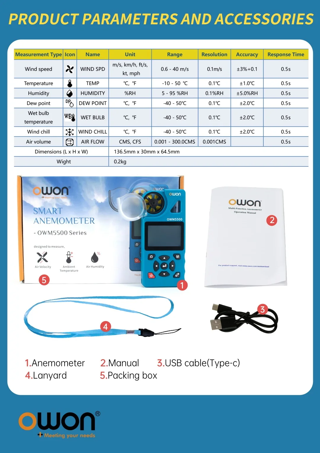 OWM5500 Digital Anemometer, 7-in-1 With 8000 Aata Memory, 7 Measurement Modes, T