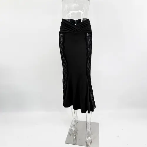 Ticketsx Sexy Lace Dress Set Women Fashion V-Neck See-Through Patchwork Pleated Slim Skirts Set Elegant Party Evening Dress Set - Image 9
