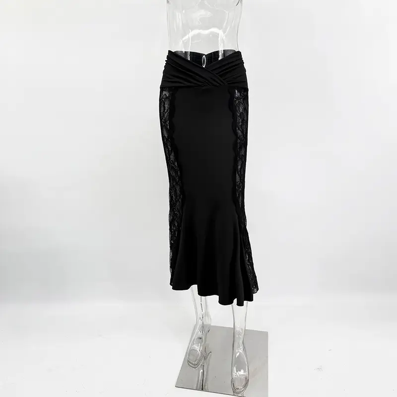 Ticketsx Sexy Lace Dress Set Women Fashion V-Neck See-Through Patchwork Pleated Slim Skirts Set Elegant Party Evening Dress Set - Image 9