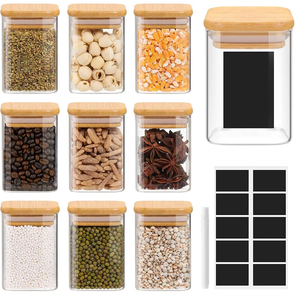 9Oz Glass Spice Jars with Bamboo Lids-Small Square Storage Jars Clear Pantry Glass Canister for Kitchen Coffee Sugar Flour