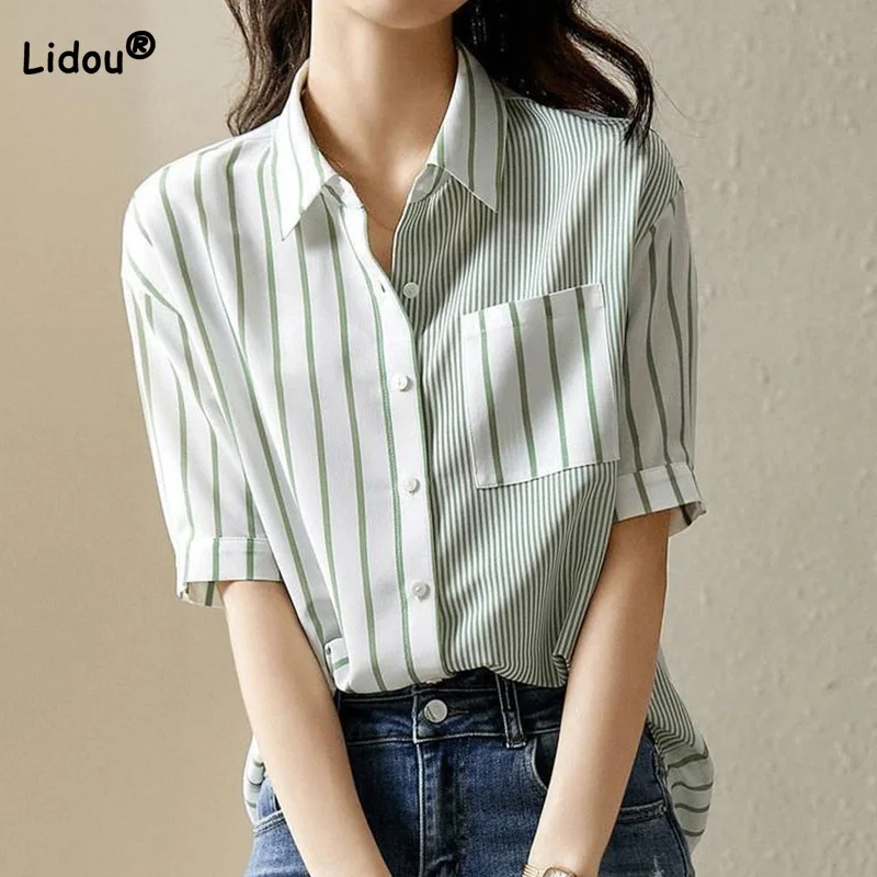 Office Lady Spliced Vertical Stripe Shirts 2023 Summer New Polo-Neck Pockets Short Sleeve Button All-match Women's Blouses