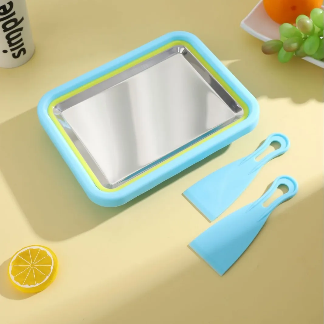 Homemade Fried Ice Machine DIY Fried Yogurt Machine Free Plug Ice Tray Frozen Yogurt Tray with 2 Small Spatulas