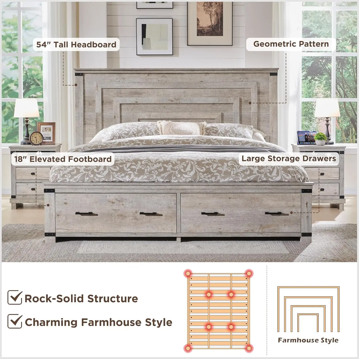 Farmhouse King Size Bed Frame with 54" Tall Geometric Headboard & 2 Large Storage Drawers, Rustic Wood Platform Bed 6
