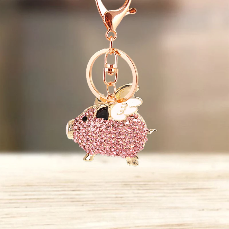 Cute Rhinestone Crystal Wing Pig Keychain Animal Zodiac Boar Pig Key Chain Key Ring Holder Bag Pendant Accessories Keyring