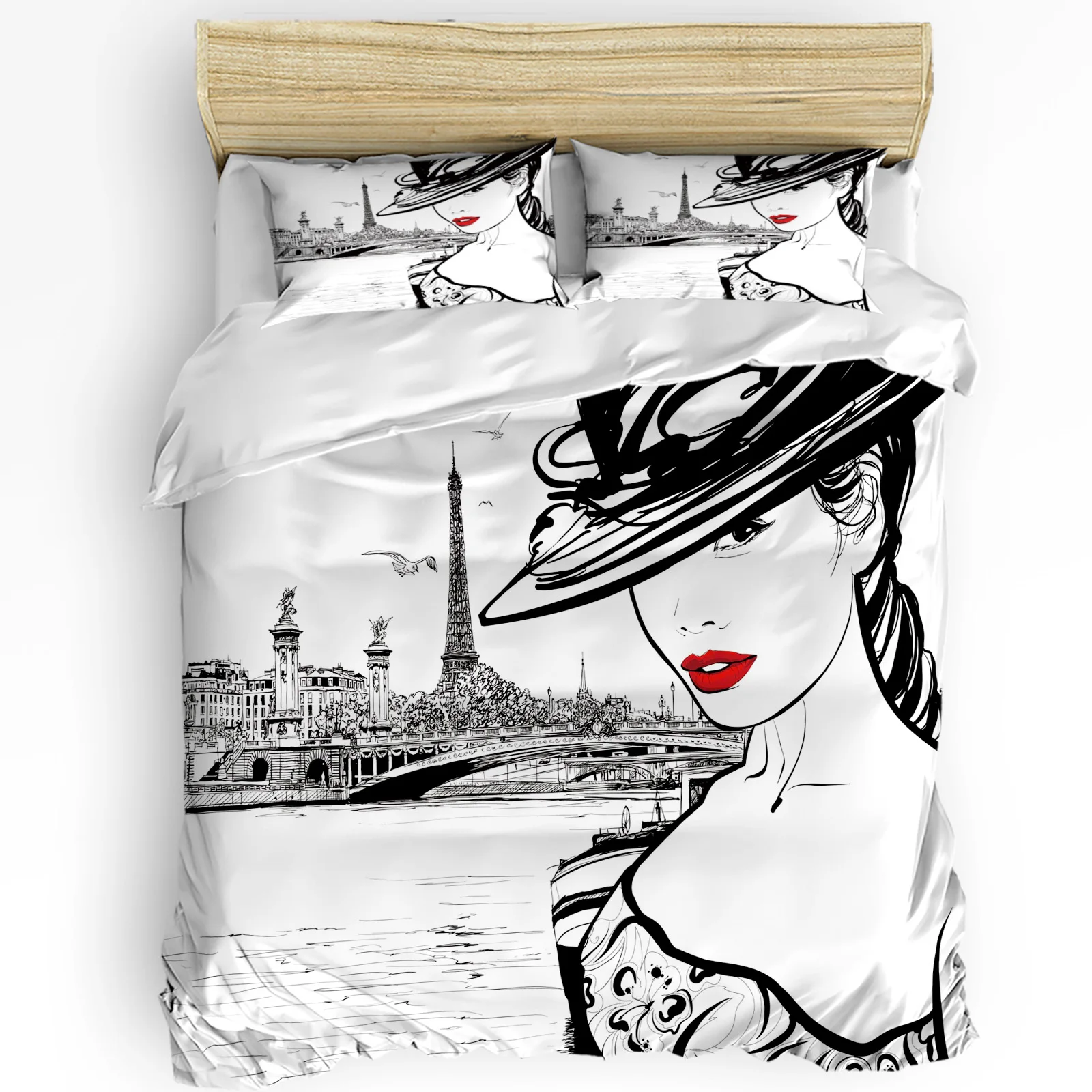

Paris Seine Woman Eiffel Tower Red Lips Bedding Set 3pcs Duvet Cover Pillowcase Quilt Cover Double Bed Set Home Textile