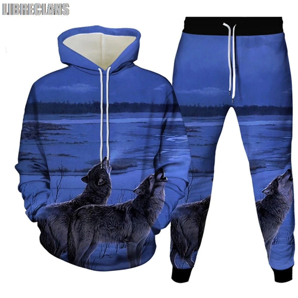 الرجال الذئب الحيوان ثلاثية الأبعاد طباعة رياضية مجموعات عادية هوديي وسراويل 2 قطعة مجموعات المتضخم البلوز موضة الشارع الشهير الرجال الملابس